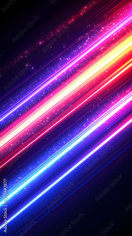 Poster vibrant neon lines glowing in a dark background with shimmering particles and streaks of light.