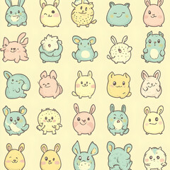 Adorable Bunny Parade: A whimsical gathering of cute and cuddly bunnies in various charming poses, creating a delightful and joyful scene with soft pastel colors.