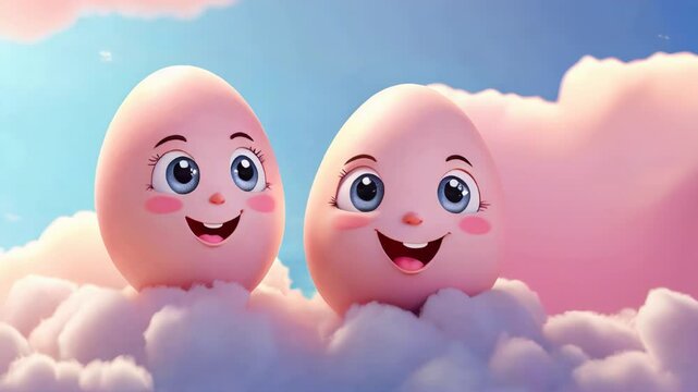 Cute Easter eggs. Cartoon characters with kawaii smiles on their faces. Easter concept, religion, 3d art style.