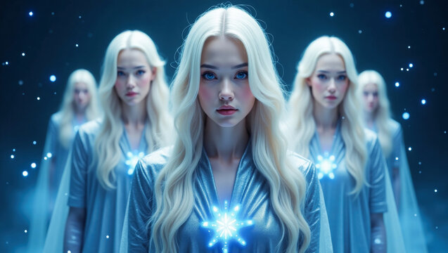 A group of Pleiadians, beautiful ethereal light beings and lightworkers, in a mystical and otherworldly atmosphere