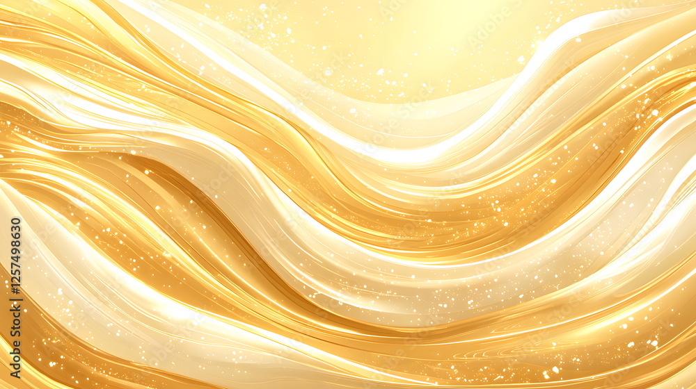 Poster flowing golden waves illuminated by light with sparkling highlights creating a vibrant abstract back