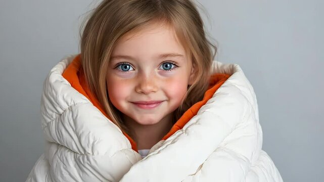 A young girl is wearing a white jacket with orange trim and is smiling