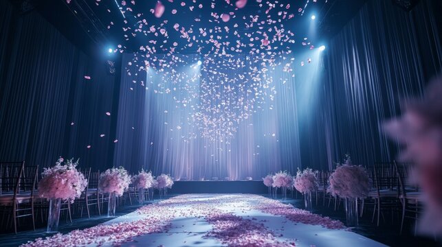Elegant wedding venue decorated with pink petals and floral arrangements under dramatic lighting