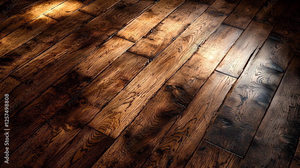 Poster dark wooden floor with natural texture and subtle light reflections creating an inviting atmosphere.