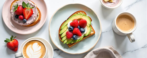 Breakfast spread featuring toast with fruit, creamy spread, and coffee on a marble table