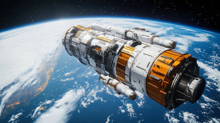 A large, futuristic spaceship, satellite or space station in space, with metallic textures, intricate mechanical components, high orbit over a blue planet