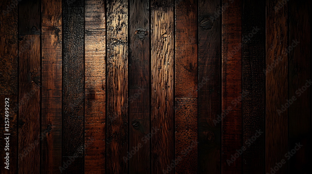 Poster dark wooden planks arranged in a vertical pattern with varying textures and shades for background de