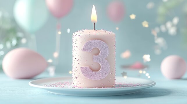 Third birthday candle, pastel decor, festive background, party celebration