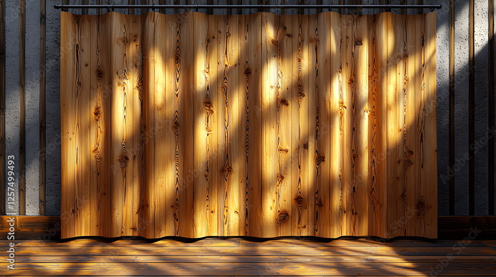 Aufkleber wooden curtains hanging in a warmly lit room with shadows from nearby objects creating interesting p