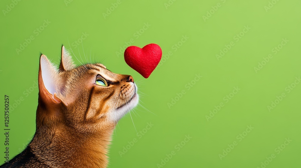Poster cat is looking at a red heart and is about to play with it