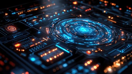 Futuristic digital interface with glowing circuits and data patterns in a high-tech environment