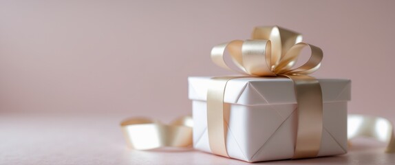 Gift wrapped with gold ribbon on pink background creates festive atmosphere for celebration