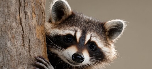 Raccoon is peeking out from behind a tree trunk
