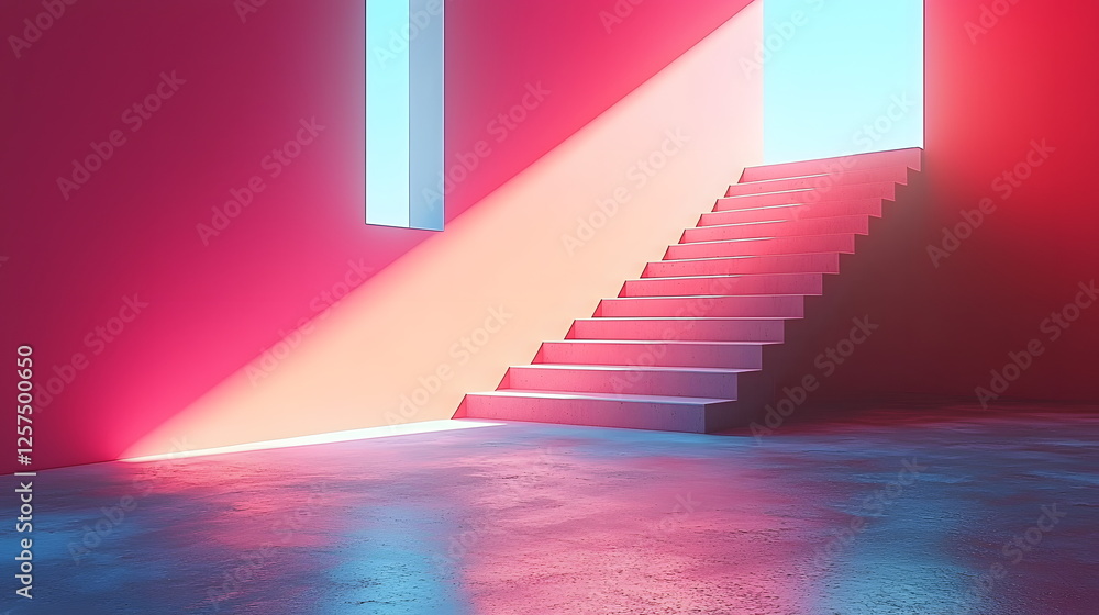 Poster colorful staircase illuminated by vibrant lighting in a modern architectural space with unique desig