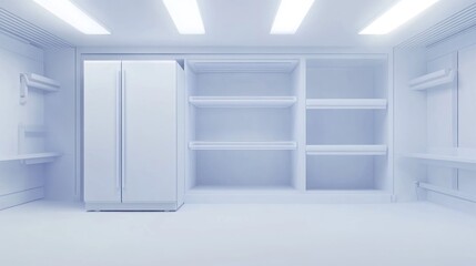 Fototapeta premium Clean white pantry shelves, refrigerator, storage