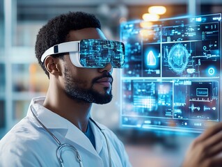 Innovative medical technology conference virtual reality healthcare lab environment futuristic views