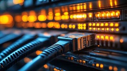 Data transmission in server room technology infrastructure close-up dark environment technical concept
