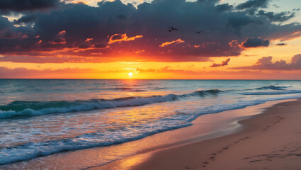 Obraz premium Landscape image of a serene beach scene at sunset, with a sandy shoreline in the foreground and gentle waves lapping against it