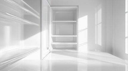 Empty white kitchen pantry shelves, sunlight
