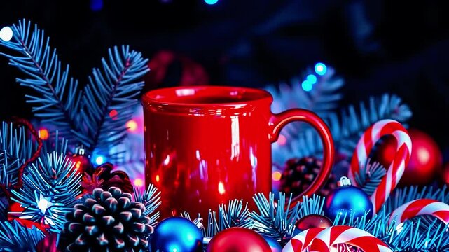 Red mug surrounded by festive decorations, pine branches, ornaments, and candy canes for holiday cheer
