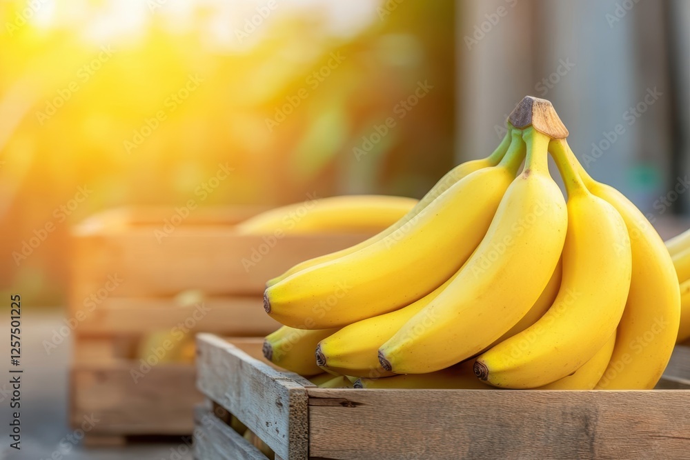 Poster bunch of ripe bananas arranged in a rustic wooden crate on a neutral background
