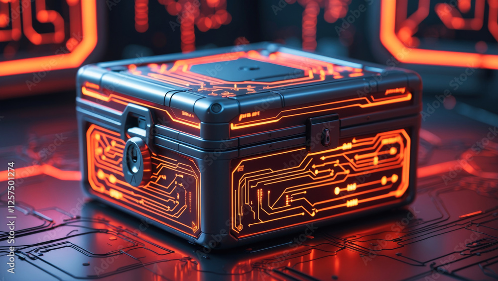 Poster a futuristic, high-tech box with a cyberpunk aesthetic, adorned with intricate circuit patterns that