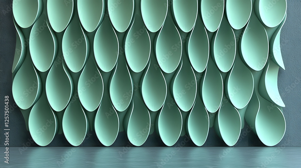 Poster abstract design featuring layered mint green shapes arranged in a modern pattern on a textured wall.