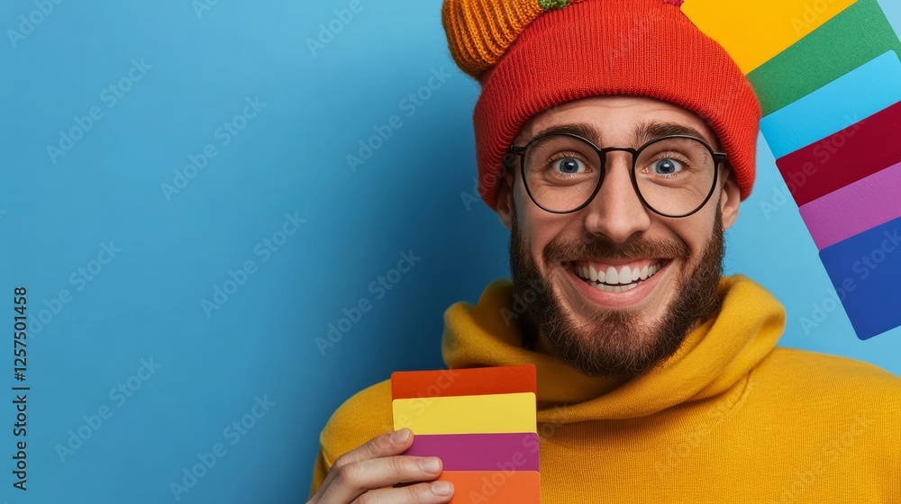 Poster man wearing glasses and a red hat is holding a stack of colorful post-it notes