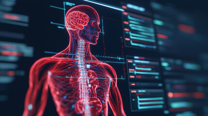 Digital twin healthcare concept with holographic human anatomy visualization