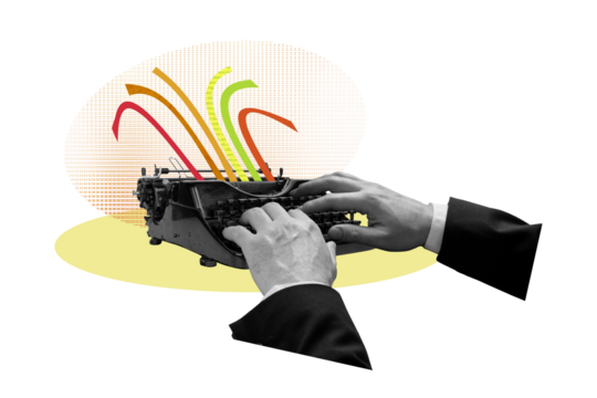 Photo collage artwork minimal picture of male arms writing letter antique typewriter isolated beige color background - Powered by Adobe