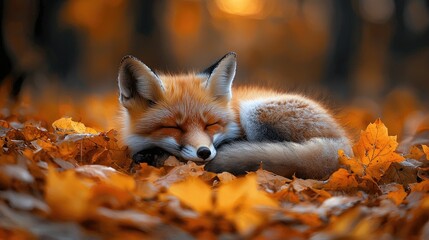 A serene fox curled up in vibrant autumn leaves, basking in the warm glow of the forest