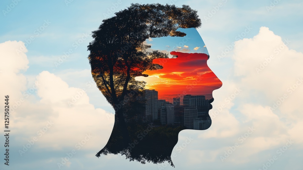 Poster man's head is shown in a painting with a tree in the foreground