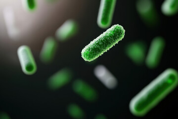 Microscopic view of green bacteria floating in dark environment