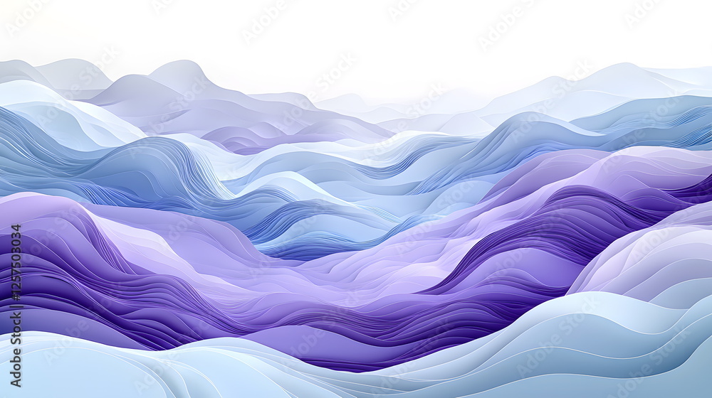 Poster flowing purple and blue waves undulating across a soft landscape with gentle gradients and smooth co