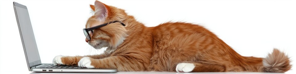 Laptop-using cat with glasses, side view, presented on a clear PNG.