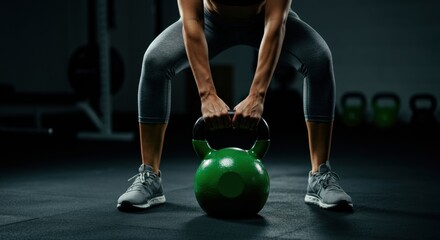 Woman lifting a green kettlebell, showcasing strength and determination