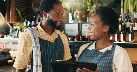 Restaurant, meeting and people on tablet for training for inventory, menu items and checklist by hotel. Alcohol, business and man and woman on digital tech for hospitality, service and online order