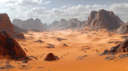 Fototapeta premium Majestic desert landscape with rocky formations and rolling sand dunes under a cloudy sky