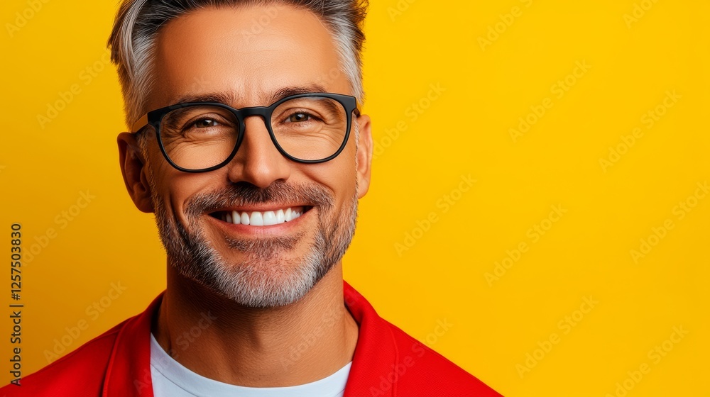 Poster man with glasses is smiling and looking at the camera