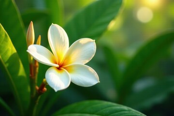 Obraz premium A delicate white flower blossoms in the sunlight, its petals gently illuminated, surrounded by lush green foliage creating a serene and peaceful natural scene.