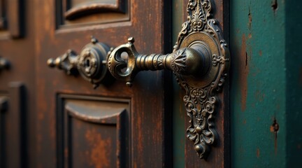 Fototapeta premium Ornate Door Handle with Intricate Metalwork and Aged Wood Frame