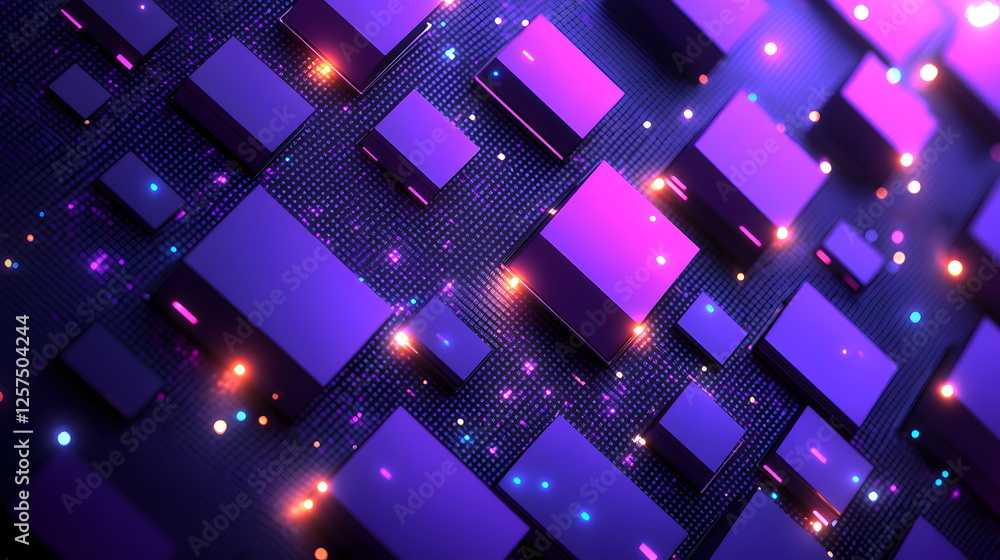 Poster purple digital cubes glowing with vibrant lights against a dark textured background creating a futur