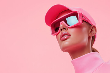 Futuristic fashion model in monochrome pink