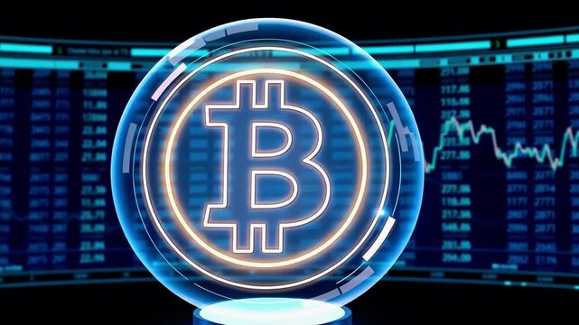 A futuristic representation of Bitcoin within a glowing sphere, set against a digital trading backdrop