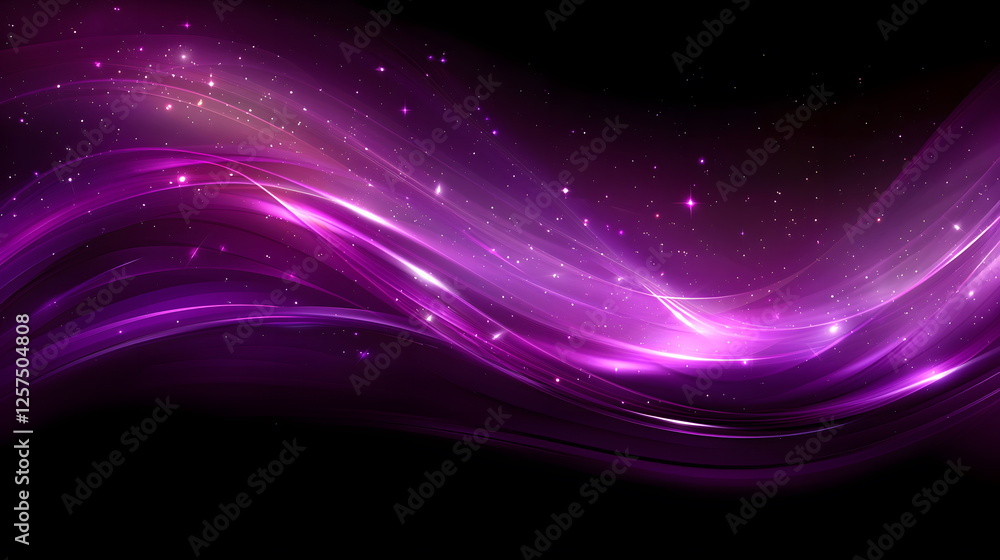 Poster flowing purple abstract background with sparkling stars and soft curves blending seamlessly in dark 