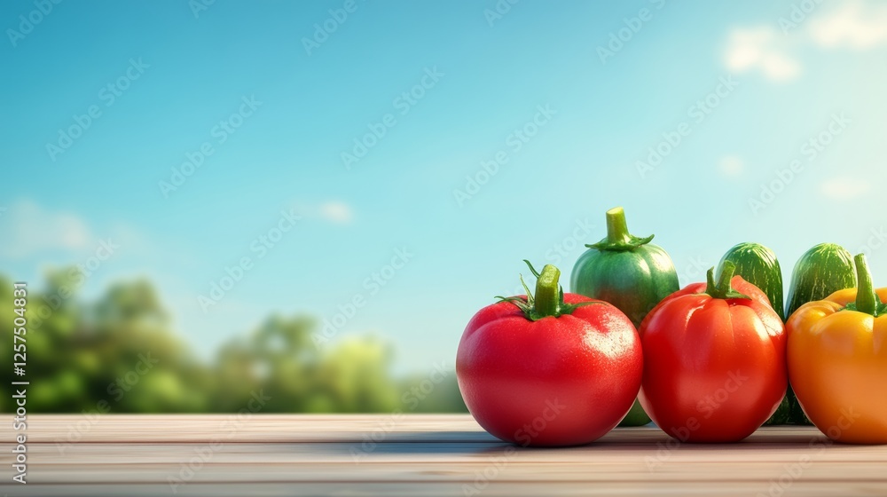 Poster group of tomatoes and cucumbers are displayed on a wooden table