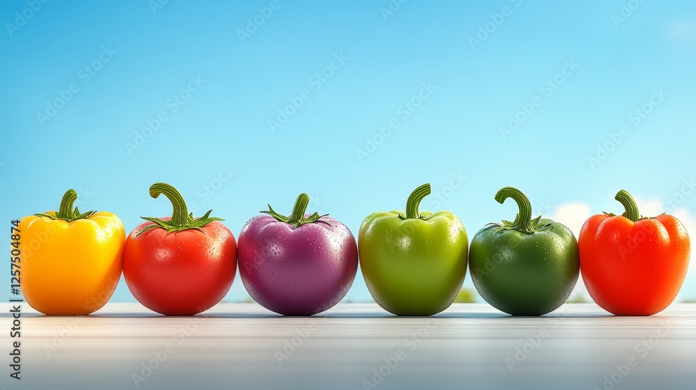 Poster row of colorful peppers are lined up on a table