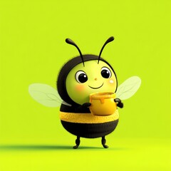 Naklejka premium Cute bee holding honey pot on lime background