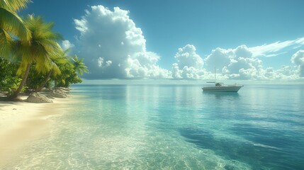 Fototapeta premium Tropical beach yacht calm ocean sunny day paradise vacation