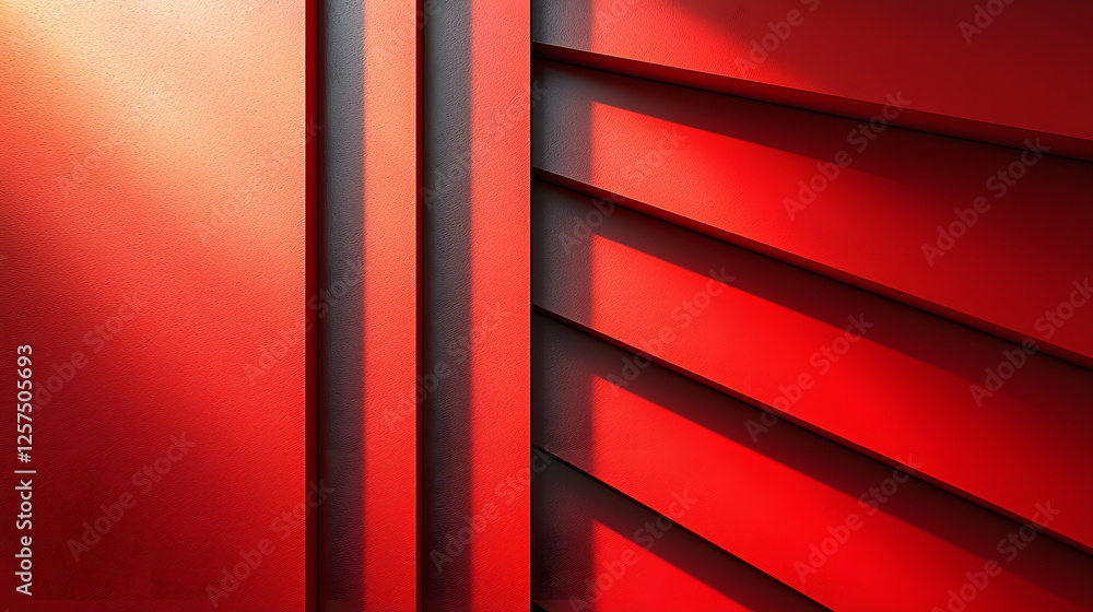 Poster vibrant red abstract wall with angled shadows creating a striking geometric pattern indoors.